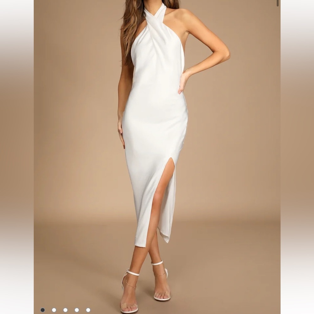 White Satin Halter Midi Dress